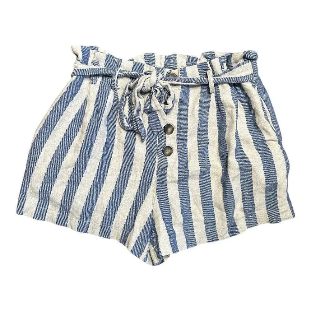 & Merci Ivory Blue Linen Blend Paperbag Shorts Women's Size S
